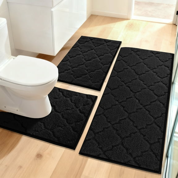 Findosom Bathroom Rugs Sets 3 Pcs,Non Slip Soft Absorbent Microfiber Bath Mats and U-Shaped Contour Toilet Rug,Machine Washable Plush Shaggy Bath Mat Set for Bathroom 18"x26" 18"x48" U 20"x24" Black
