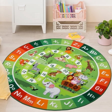 Findosom 5.25' Round Play Rug ABC Alphabet Classroom Rug Washable Non Slip Crawling Mat, Educational Learning Area Rug Game Rug Carpet for Bedroom Playtime