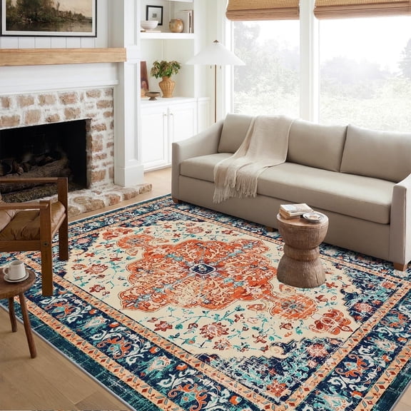 Findosom 6'x9' Vintage Boho Area Rug, Machine Washable Rugs Non Slip Distressed Indoor Rug,Large Retro Area Rug Floor Carpet for Bedroom Dining Room Entryway Office Decor,Orange