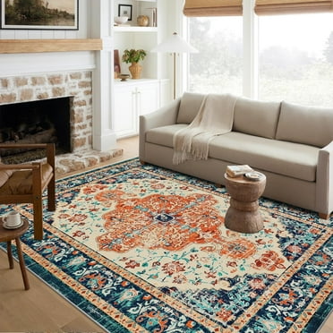Findosom Vintage Area Rug 6'x9' Machine Washable Boho Soft Floor Carpet,Non Slip Low Pile Accent Area Rugs for Living Room Bedroom Dining Room Office Dorm,Orange