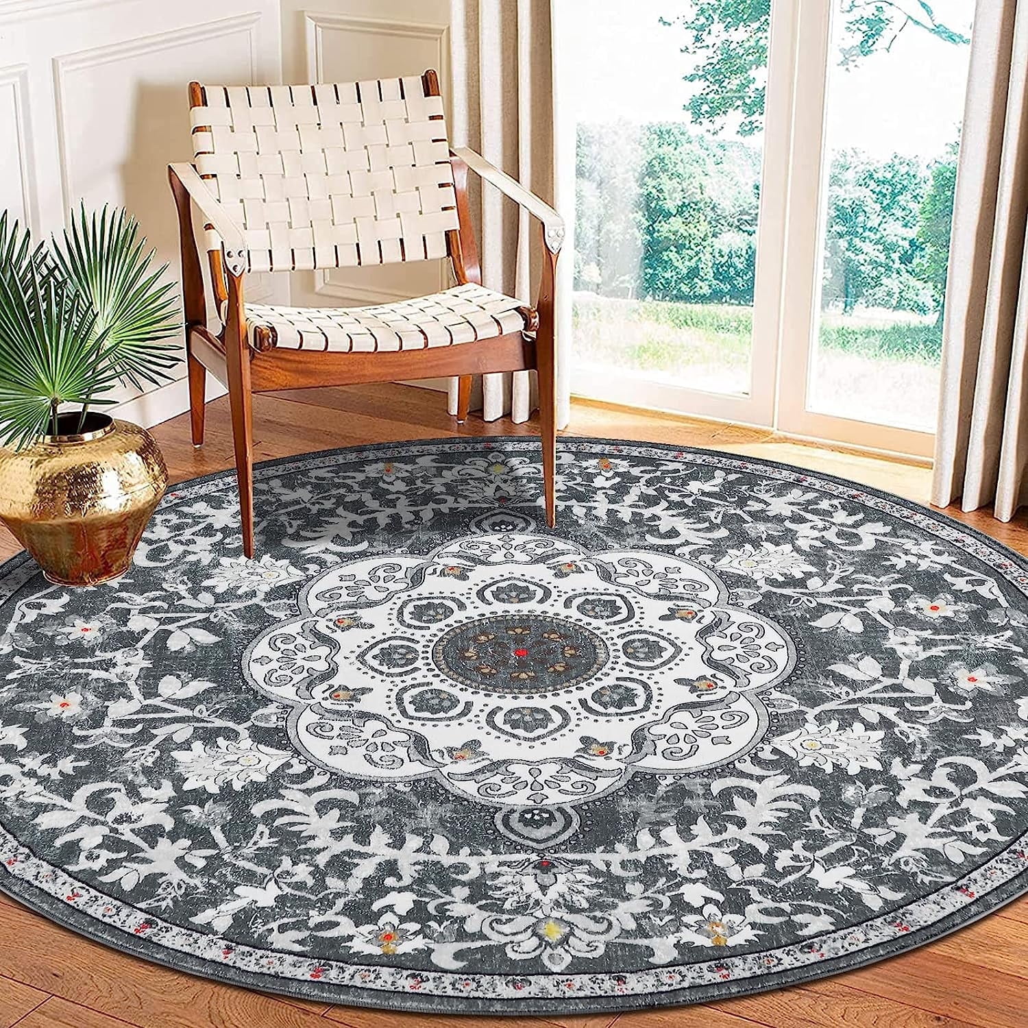Findosom 5.25'Round Area Rug,Non Slip Washable Round Rug Boho Area Rug for Living Room,Bedroom,Home Decor,Office,Dining Room,Gray