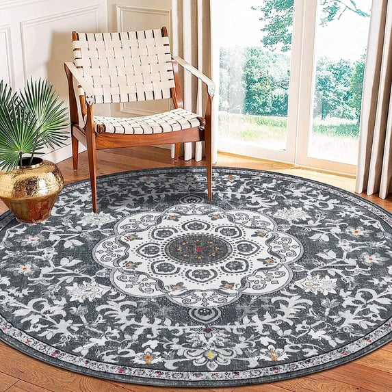 Findosom 5.25'Round Area Rug,Non Slip Washable Round Rug Boho Area Rug for Living Room,Bedroom,Home Decor,Office,Dining Room,Gray