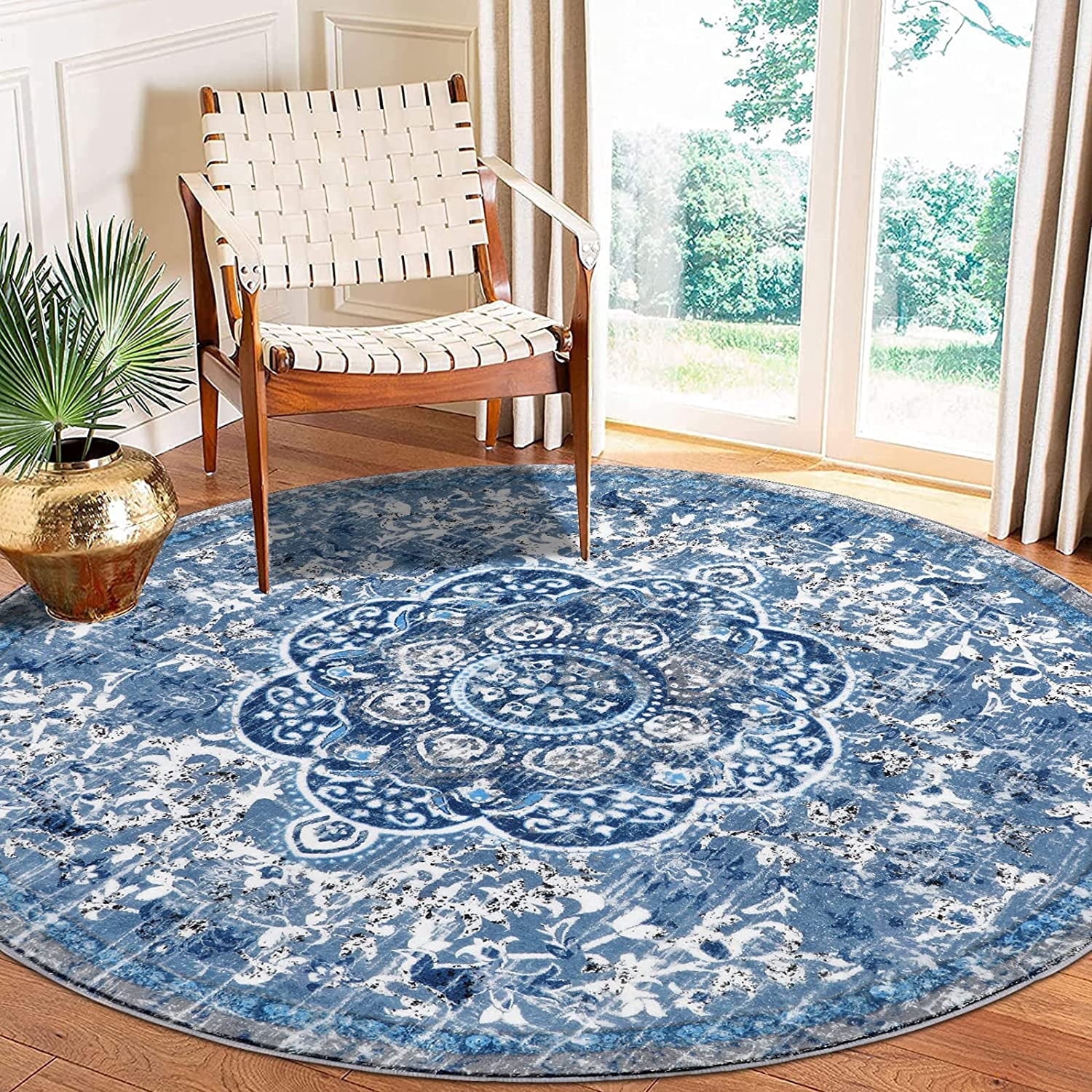 Findosom 5.25'Round Area Rug,Non Slip Washable Round Rug Boho Area Rug for Living Room,Bedroom,Home Decor,Office,Dining Room,Gray
