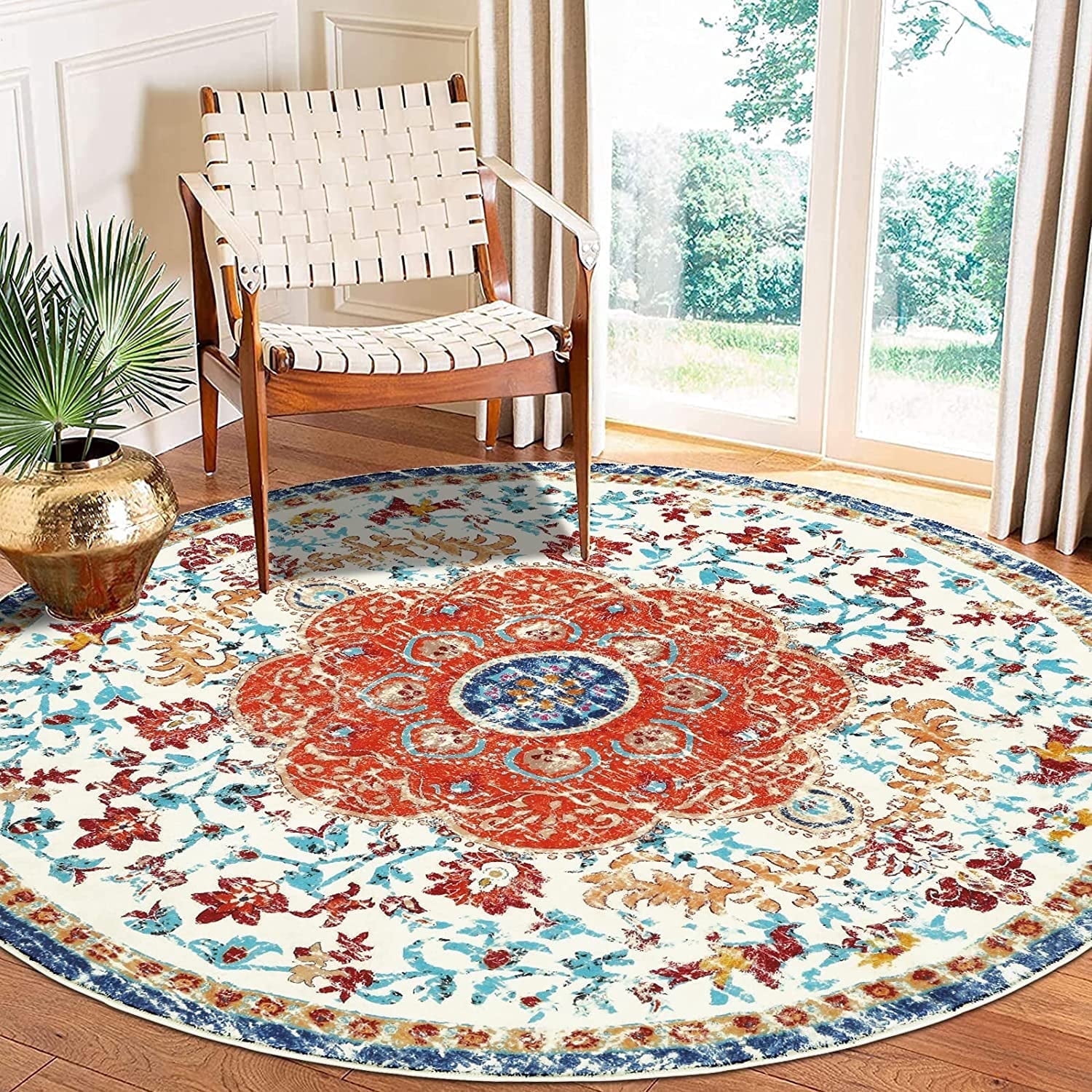 Findosom 5.25'Round Area Rug,Non Slip Washable Round Rug Boho Area Rug for Living Room,Bedroom,Home Decor,Office,Dining Room,Gray