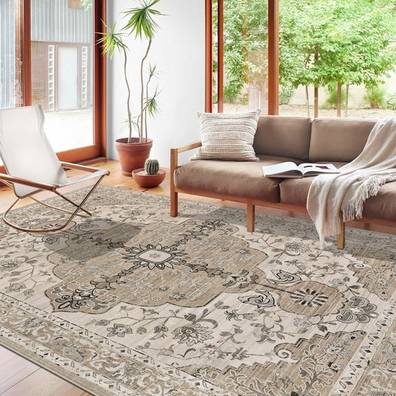 Findosom 8'x10' Vintage Area Rug for Living Room, Machine Washable Rugs Non Slip Distressed Indoor Rug,Large Retro Area Rug Floor Carpet for Bedroom Dining Room Entryway Office Decor,Beige