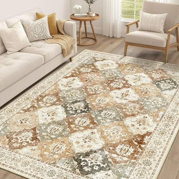 Findosom Vintage Area Rug 5x7 Washable Living Room Rug,Non-Slip Soft Floor Carpet Rug Stain Resistant Distressed Indoor Rug for Living Room Kitchen, Entryway, Dining Room Beige