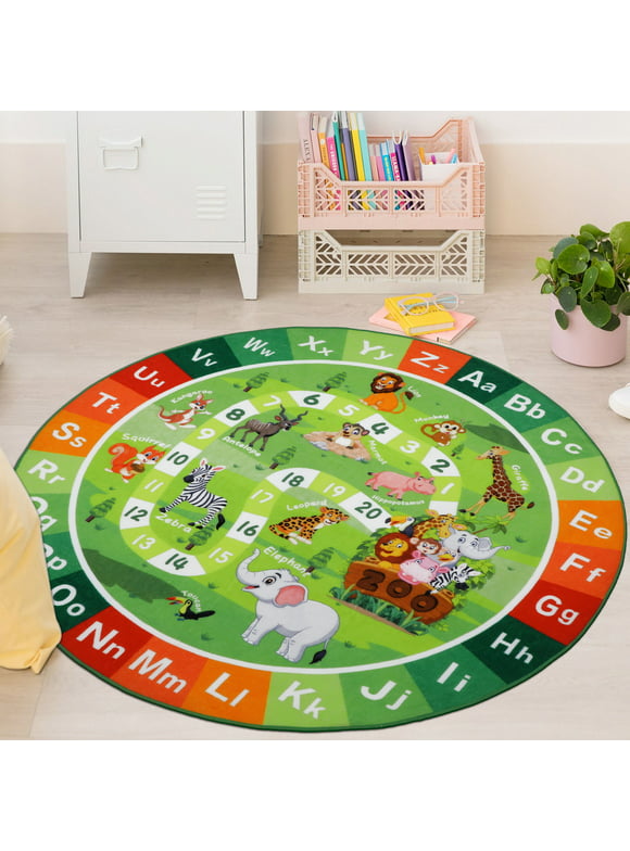 Findosom 5.25'x5.25' Round Kids Play Rug ABC Alphabet Classroom Rug Washable Non Slip Baby Crawling Mat, Educational Learning Area Rug Game Rug Carpet for Kindergarten Playroom Bedroom Colorful