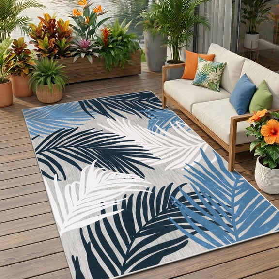 Findosom 5'x7' Jute Area Rug for Living Room,Palm Leaves Washable Area Rug,Neutral Waterproof Indoor Outdoor Rug Non-Slip Floor Carpet for Patio,Living Room,Balcony,Dining Room,Blue