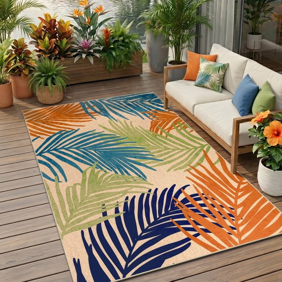 Findosom 5'x7' Jute Area Rug for Living Room,Palm Leaves Washable Area Rug,Neutral Waterproof Indoor Outdoor Rug Non-Slip Floor Carpet for Patio,Living Room,Balcony,Dining Room,Colorful