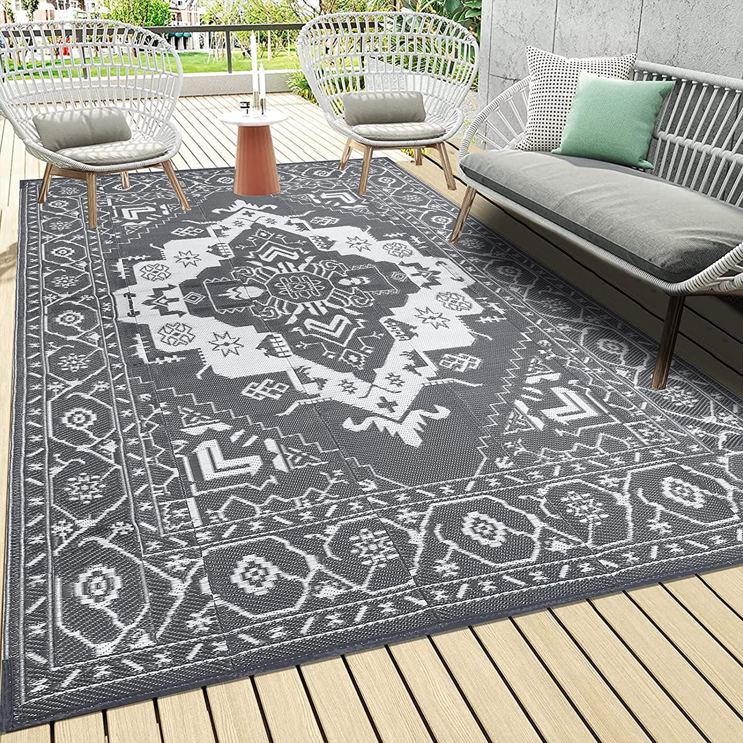 Findosom 5'x7' Large Gray Boho Outdoor Rug, RV Outdoor Mat, Reversible