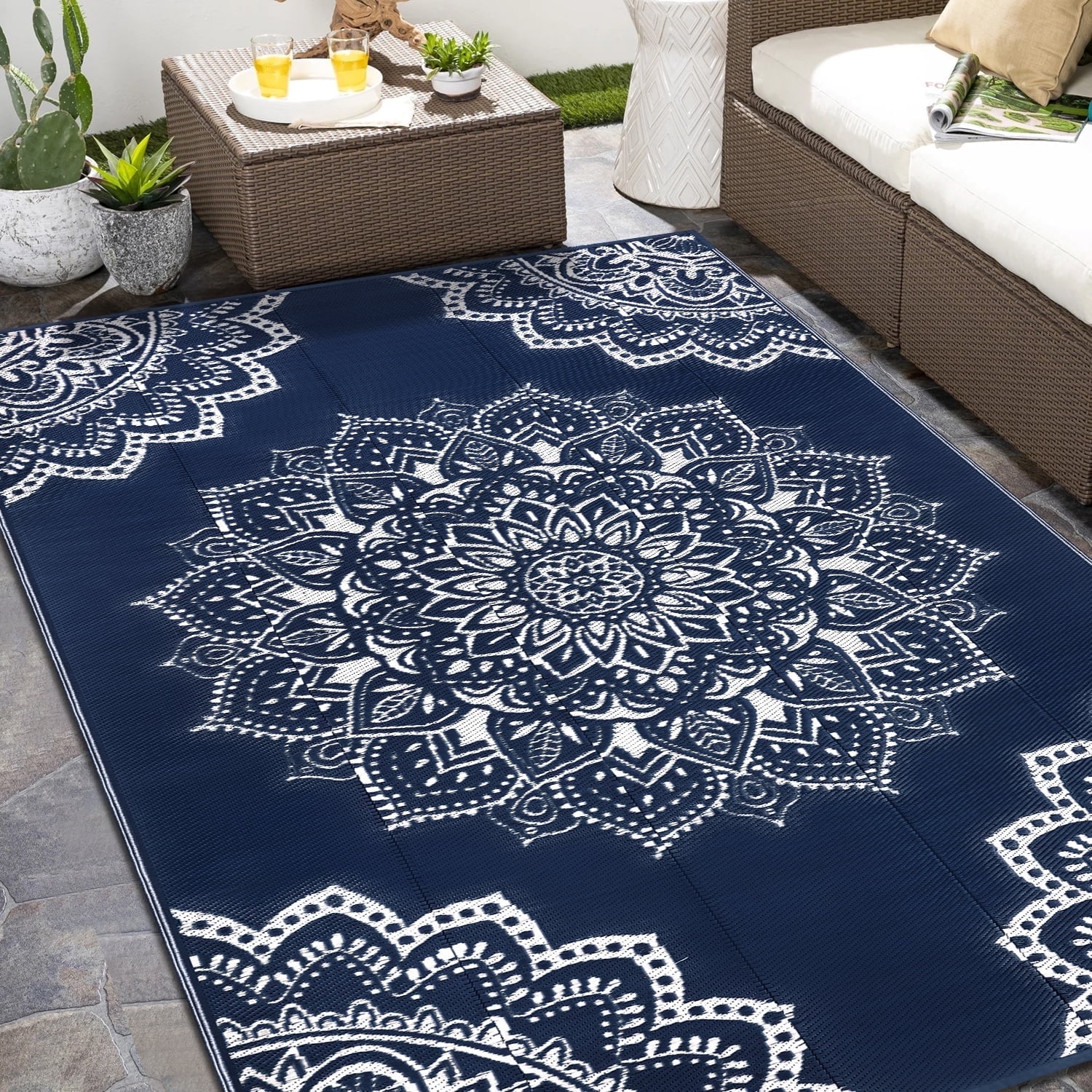 Findosom 9'x12' Outdoor Rug Large Patios Rug RV Outdoor Rug Waterproof Foldable Portable Camping Rugs Reversible Plastic Straw Rug Outdoor Area Rug for Camping,RV,Balcony,Patio,Picnic,Beach Blue
