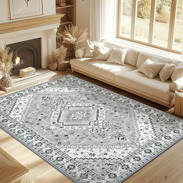 Findosom 5x7 Retro Area Rugs for Living Room, Machine Washable Non Slip Vintage Bohemia Rugs Low Pile Distressed Carpet Area Rug for Bedroom,Entryway,Dining Room,Home Office, Gray