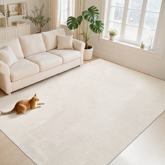 Findosom 6'x9' Area Rug for Living Room,Non-Slip Machine Washable Wavy Pattern Modern Beige Floor Carpet,Stain Resistant Large Area Rugs, Low Pile Textured Carpet for Home Decor,Bedroom,Dining Room