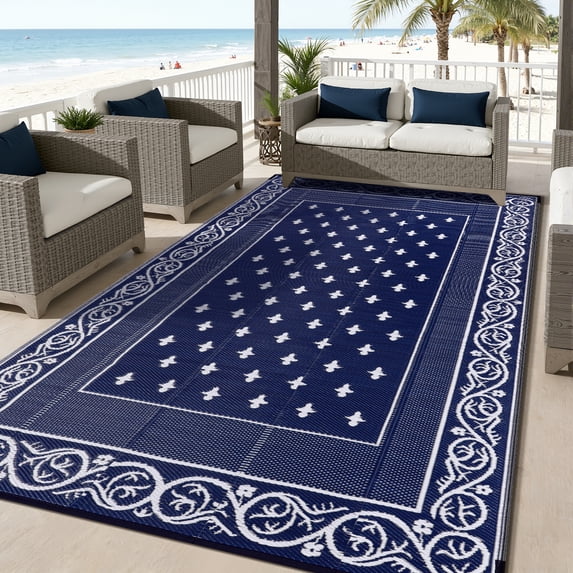 Findosom 6'x9' Blue Large Outdoor Rug Outdoor Mat RV Outdoor Rug Reversible Plastic Straw Area Rug Mat Camping Rugs Waterproof Floor Mat and Rug for RV,Patio,Backyard,Deck,Picnic,Beach,Trailer