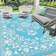 Findosom 6'x9' Boho Mandala Outdoor Rug Patio Rug Large Reversible Plastic Straw Rug RV Outdoor Mat Waterproof Foldable Portable Camping Mat for RV, Patio, Backyard, Deck, Picnic, Beach Teal