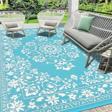 Findosom 6'x9' Boho Mandala Outdoor Rug Patio Rug Large Reversible Plastic Straw Rug RV Outdoor Mat Waterproof Foldable Portable Camping Mat for RV, Patio, Backyard, Deck, Picnic, Beach Teal