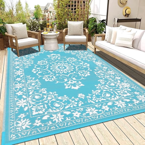 Findosom 9'x12' Boho Mandala Outdoor Rug Patio Rug Large Reversible Plastic Straw Rug RV Outdoor Mat Waterproof Foldable Portable Camping Mat for RV,Patio,Backyard,Deck,Picnic,Beach