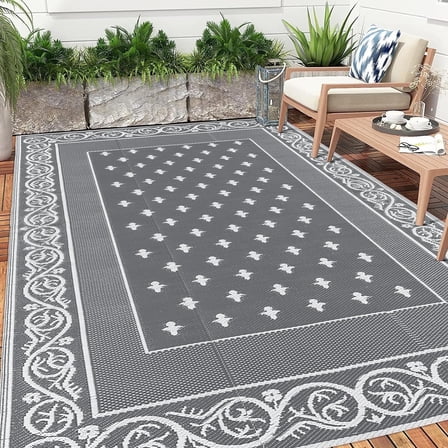 Findosom 6'x9' Gray Large Outdoor Mat RV Outdoor Rug Reversible Plastic Straw Area Rug Mat Foldable Poratble Camping Rugs Waterproof Floor Mat and Rug for RV, Patio, Backyard, Deck, Picnic, Beach