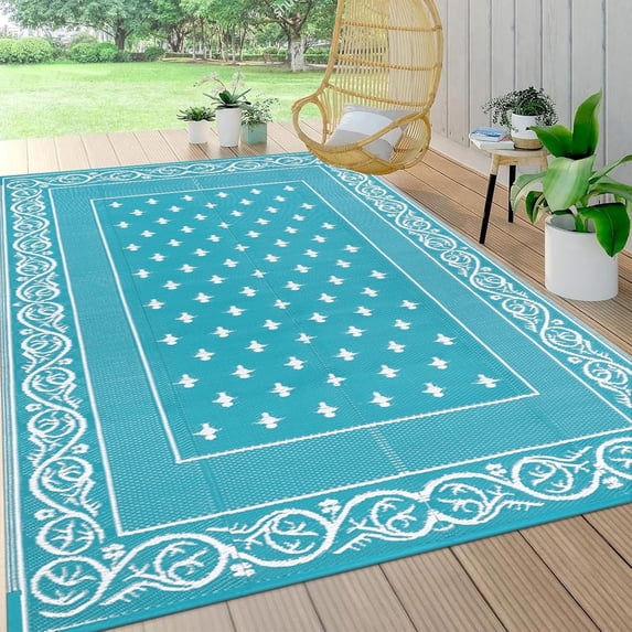 Findosom 6'x9' Teal Large Outdoor Rug Outdoor Mat RV Outdoor Rug Reversible Plastic Straw Rug Patio Rug Waterproof Foldable Portable Camping Rug for RV, Patio, Backyard, Deck, Picnic, Beach, Trailer