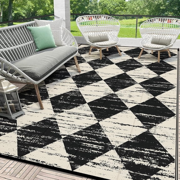 Findosom Outdoor Rug Waterproof 6'x9' Patio Rugs Foldable Reversible Camping Mat for RV,Deck,Porch,icnic,Beach,Balcony,Black & White
