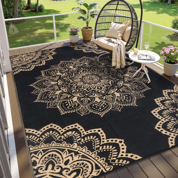 Findosom 6'x9' Outdoor Rug Large Patios Rug RV Outdoor Rug Waterproof Foldable Portable Camping Rugs Reversible Plastic Straw Rug Outdoor Area Rug for Camping,RV,Balcony,Patio,Picnic,Beach Black