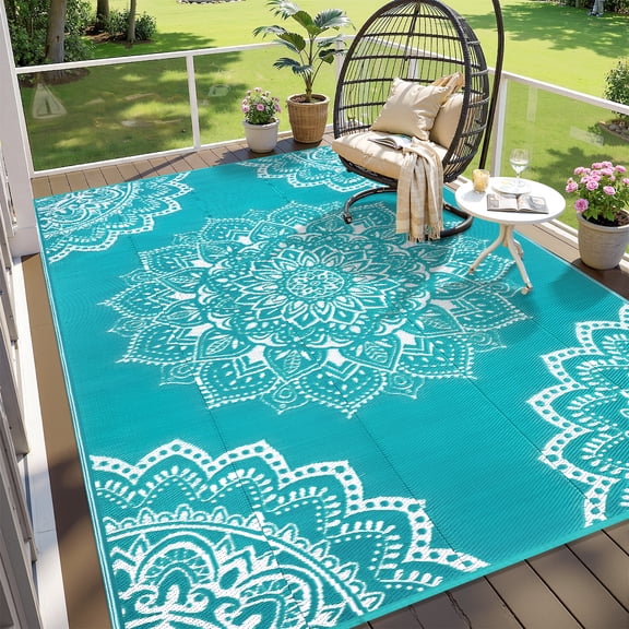 Findosom 6'x9' Outdoor Rugs Large Patios RV Outdoor Rug Reversible Waterproof Camping Rugs Portable Plastic Straw Outdoor Area Rug for Camping, RV, Balcony, Patio, Picnic,Teal