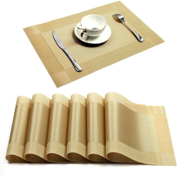 Findosom 6pcs of PVC Placemat, Non-Slip Heat-Resistant Table Place Mat Stain Resistant Woven Vinyl Placemats for Kitchen Table, Washable Durable Table Mats Gold, 6 Count