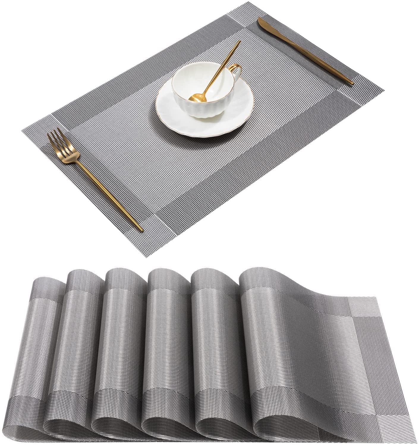 Findosom 6pcs of PVC Placemat, Non-Slip Heat-Resistant Table Place Mat Stain Resistant Woven Vinyl Placemats for Kitchen Table, Washable Durable Table Mats Gray, 6 Count
