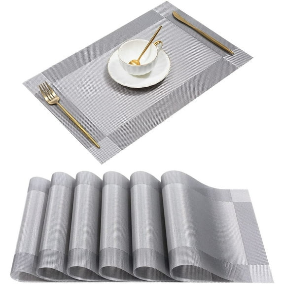 Findosom 6pcs of PVC Placemat, Non-Slip Heat-Resistant Table Place Mat Stain Resistant Woven Vinyl Placemats for Kitchen Table, Washable Durable Table Mats Silver, 6 Count