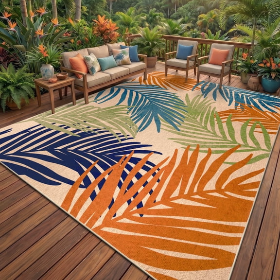 Findosom 8'x10'Jute Area Rug for Living Room,Palm Leaves Washable Area Rug,Neutral Waterproof Indoor Outdoor Rug Non-Slip Floor Carpet for Patio,Living Room,Balcony,Dining Room,Colorful