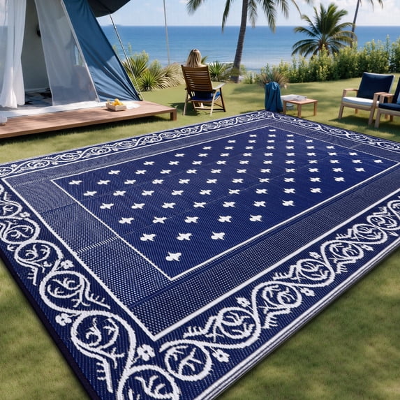 Findosom 8'x10' Blue Outdoor Rug Reversible Outdoor Mat RV Outdoor Plastic Straw Area Rug Mat Camping Rugs Waterproof Floor Mat and Rug for RV,Patio,Backyard,Deck,Picnic,Beach,Trailer