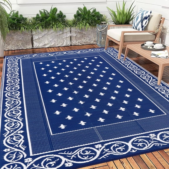 Findosom 8'x10' Blue Outdoor Rug Reversible Outdoor Mat RV Outdoor Plastic Straw Area Rug Mat Camping Rugs Waterproof Floor Mat and Rug for RV,Patio,Backyard,Deck,Picnic,Beach,Trailer