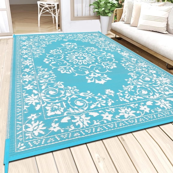 Findosom 8'x10' Boho Mandala Outdoor Rug Patio Rug Large Reversible Plastic Straw Rug RV Outdoor Mat Waterproof Foldable Portable Camping Mat for RV,Patio,Backyard,Deck,Picnic,Beach Teal