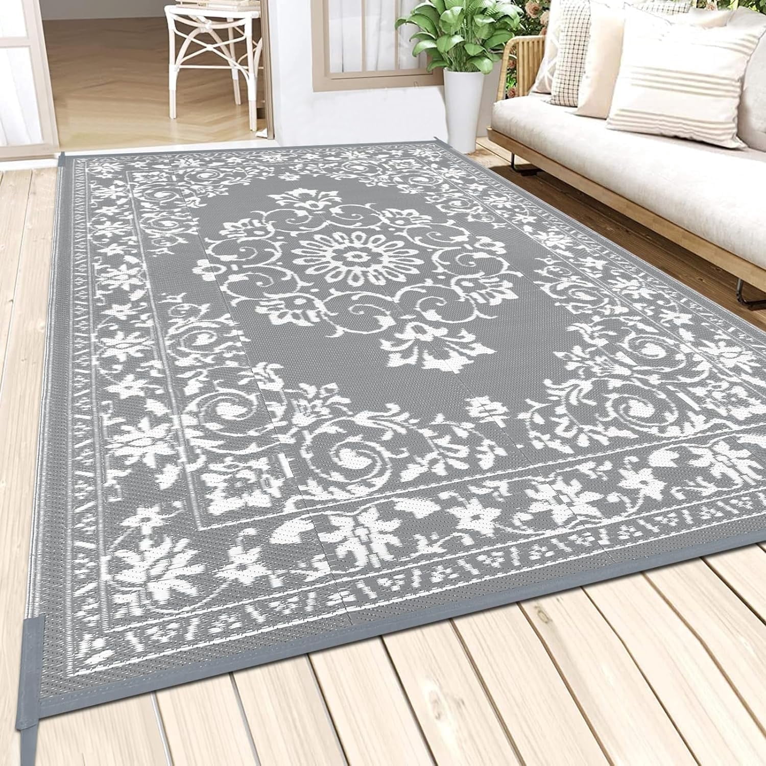 Findosom 8'x10' Boho Mandala Outdoor Rug Patio Rug Large Reversible Plastic Straw Rug RV Outdoor Mat Waterproof Foldable Portable Camping Mat for RV,Patio,Backyard,Deck,Picnic,Beach Gray