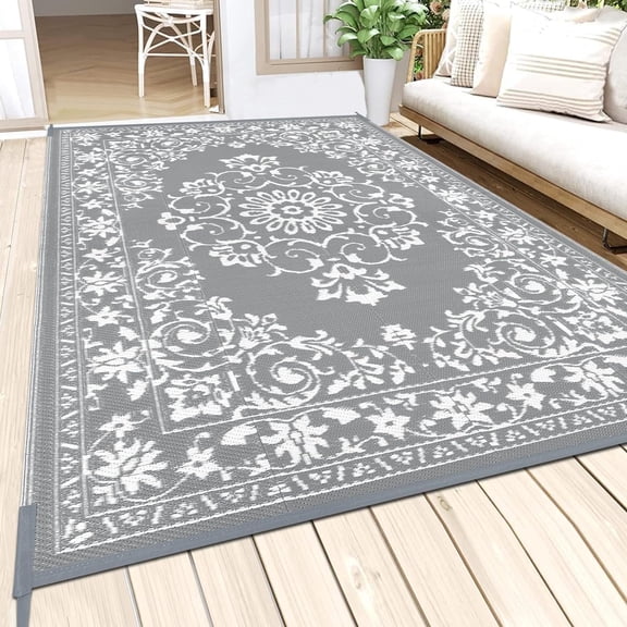 Findosom 8'x10' Boho Mandala Outdoor Rug Patio Rug Large Reversible Plastic Straw Rug RV Outdoor Mat Waterproof Foldable Portable Camping Mat for RV,Patio,Backyard,Deck,Picnic,Beach Gray