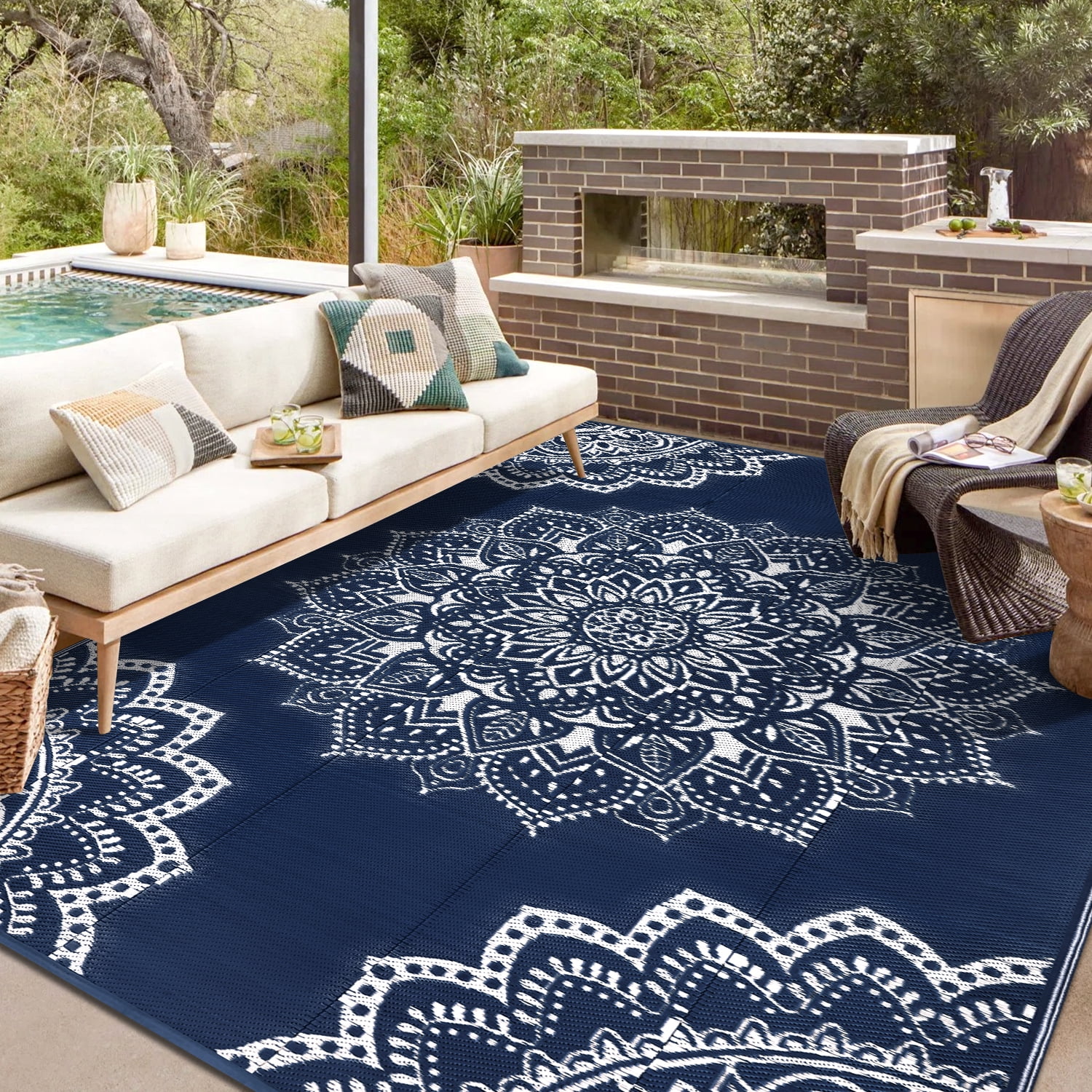 Findosom 8'x10' Dark Blue Large Plastic Reversible Outdoor Camping