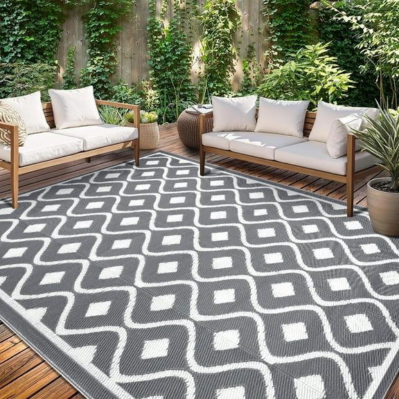 Findosom 8'x10' Large Outdoor Rug Waterproof Patio Rug RV Outdoor Mat Reversible Plastic Straw Area Rug Mat Camping Rugs Floor Mat for Outdoors, RV, Patio, Backyard, Deck, Picnic, Beach, Trailer Gray