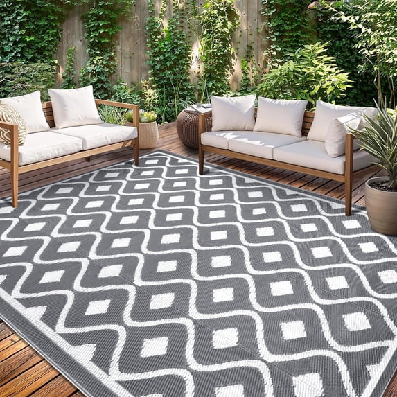 Findosom 8'x10' Large Outdoor Rug Waterproof Patio Rug RV Outdoor Mat Reversible Plastic Straw Area Rug Mat Camping Rugs Floor Mat for Outdoors, RV, Patio, Backyard, Deck, Picnic, Beach, Trailer Gray