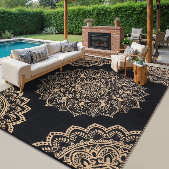 Findosom 8'x10' Outdoor Rug Large Patios Rug RV Outdoor Rug Waterproof Foldable Portable Camping Rugs Reversible Plastic Straw Rug Outdoor Area Rug for Camping,RV,Balcony,Patio,Picnic,Beach Black
