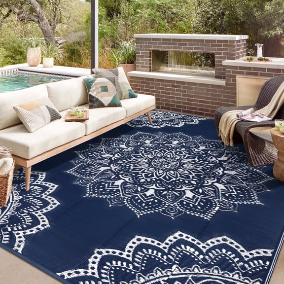 Findosom 8'x10' Outdoor Rug Large Patios Rug RV Outdoor Rug Waterproof Foldable Portable Camping Rugs Reversible Plastic Straw Rug Outdoor Area Rug for Camping, RV, Balcony, Patio, Picnic, Beach Blue