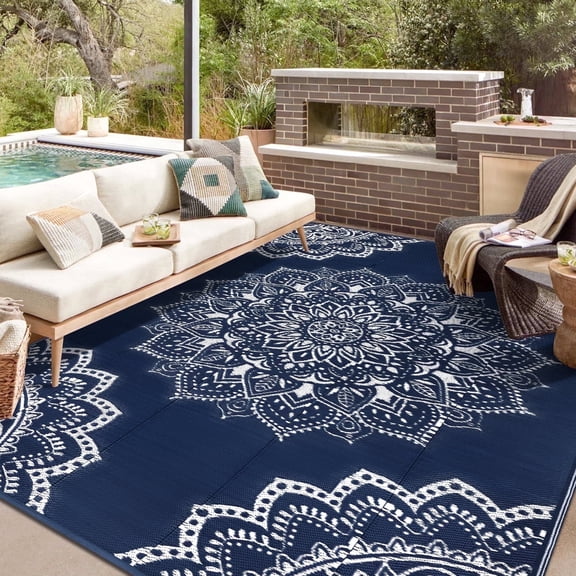 Findosom 8'x10' Outdoor Rug Large Patios Rug RV Outdoor Rug Waterproof Foldable Portable Camping Rugs Reversible Plastic Straw Rug Outdoor Area Rug for Camping, RV, Balcony, Patio, Picnic, Beach Blue