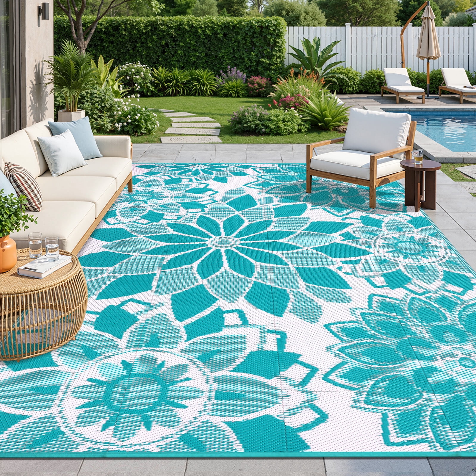 Outdoor Permeable Rug Findosom 8'x10' Reversible Outdoor Rug, Waterproof Plastic Straw Mat ...