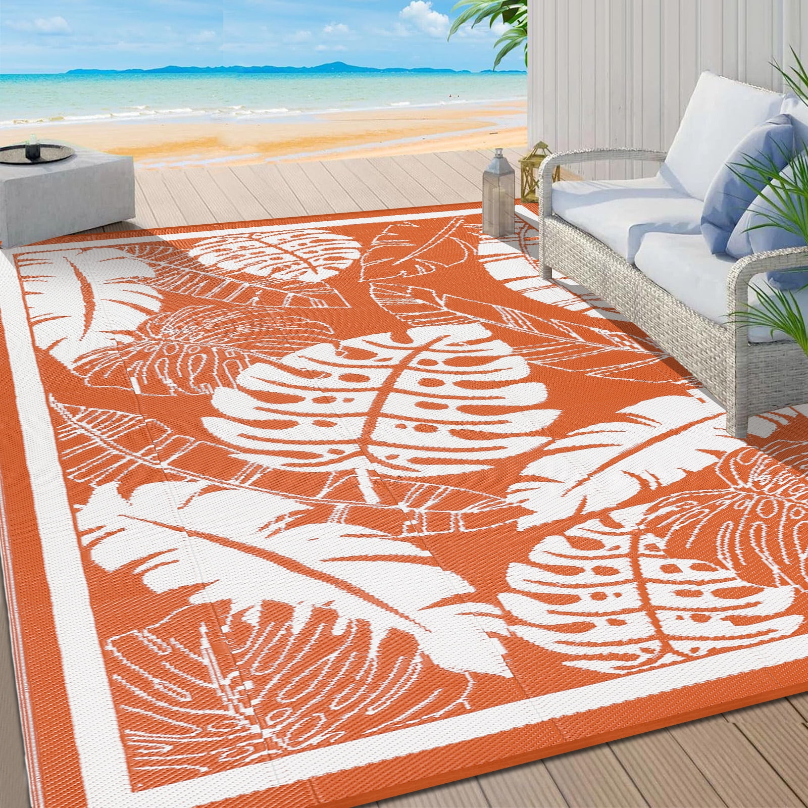Findosom 5'x8' Waterproof Reversible Outdoor Rug, Suitable for RV, Camping, Patio, Balcony & Beach, Green
