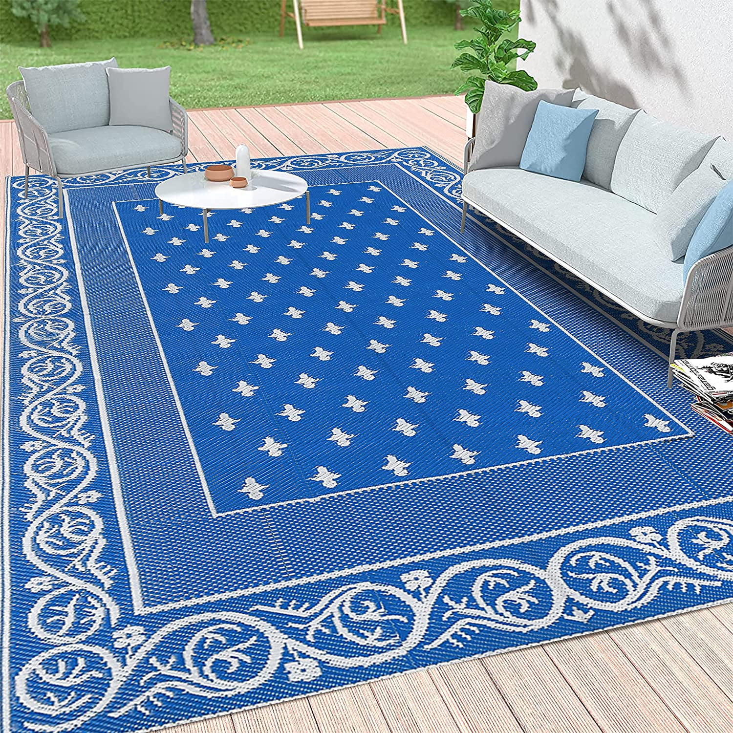 Findosom 9'x12' Blue Reversible Outdoor Rug, Waterproof Straw Mat
