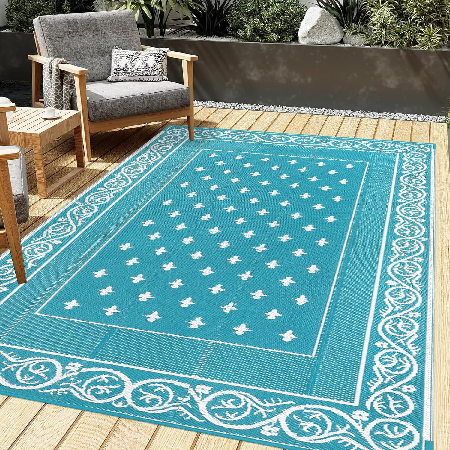 Findosom 8'x10' Teal Large Outdoor Rug Outdoor Mat RV Outdoor Rug Reversible Plastic Straw Rug Patio Rug Waterproof Foldable Portable Camping Rug for RV, Patio, Backyard, Deck, Picnic, Beach, Trailer