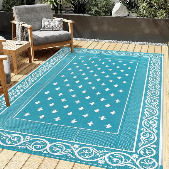 Findosom 8'x10' Teal Large Outdoor Rug Outdoor Mat RV Outdoor Rug Reversible Plastic Straw Rug Patio Rug Waterproof Foldable Portable Camping Rug for RV, Patio, Backyard, Deck, Picnic, Beach, Trailer