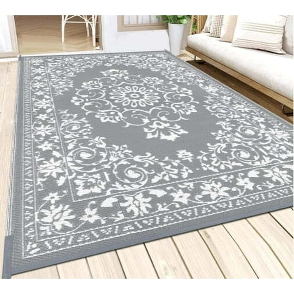 Findosom 9'x12' Boho Mandala Outdoor Rug Patio Rug Large Reversible Plastic Straw Rug RV Outdoor Mat Waterproof Foldable Portable Camping Mat for RV,Patio,Backyard,Deck,Picnic,Beach Gray