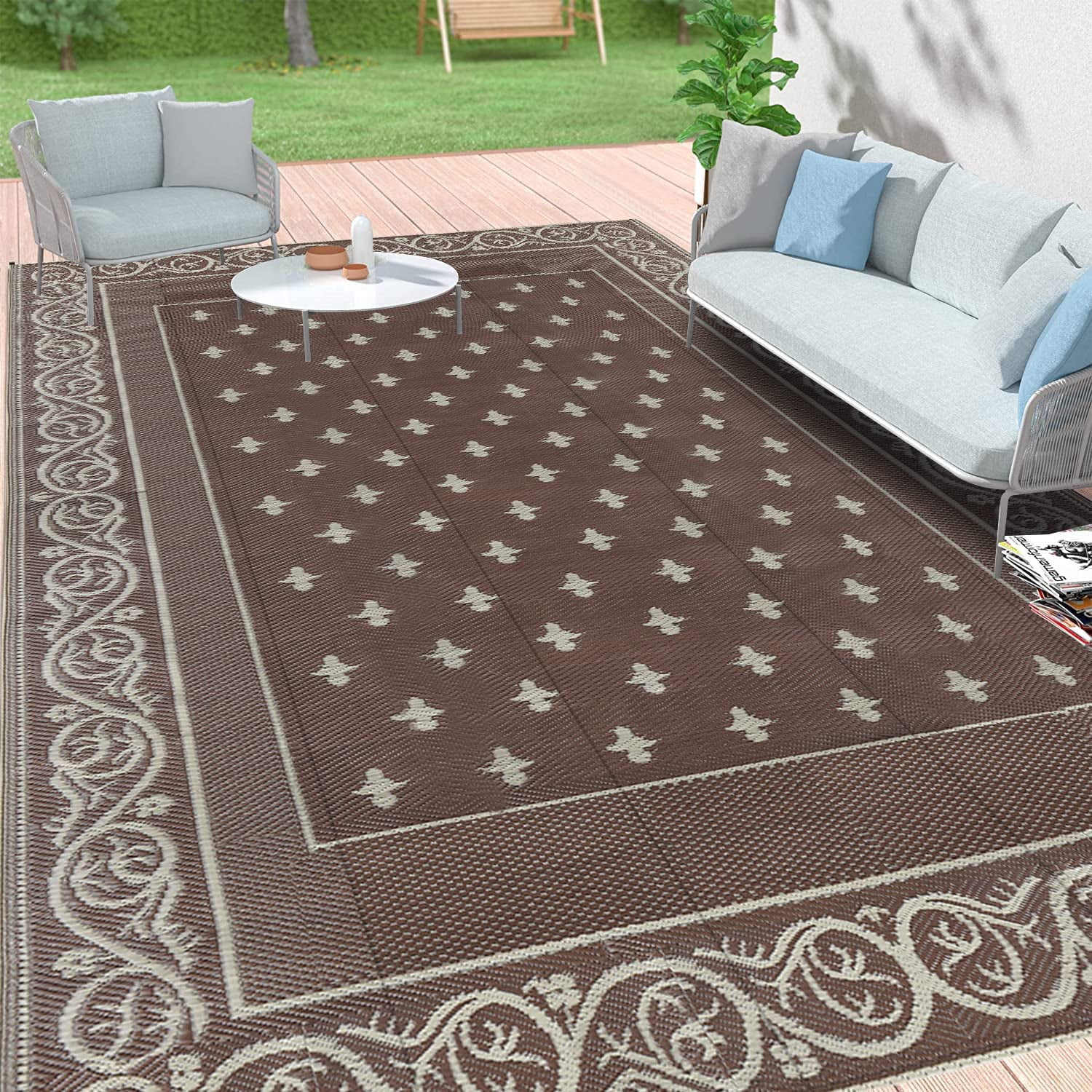 Findosom 9'x12' Brown Large Outdoor Mat RV Outdoor Rug Reversible
