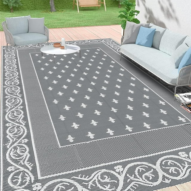 Findosom 9'x12' Gray Large Outdoor Rug Outdoor Mat RV Outdoor Rug Reversible Plastic Straw Rug Patio Rug Waterproof Foldable Portable Camping Rug for RV, Patio, Backyard, Deck, Picnic, Beach, Trailer