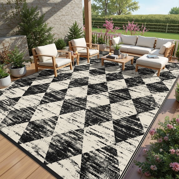 Findosom Outdoor Rug Waterproof 9'x12' Patio Rugs Foldable Reversible Camping Mat for RV,Deck,Porch,icnic,Beach,Balcony,Black & White